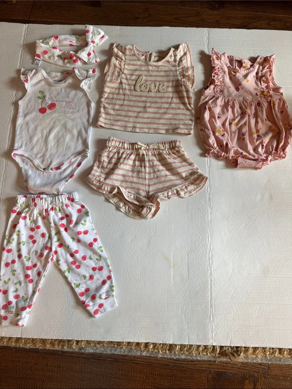 Chic Pea Pink & White Cherry Baby Matching Set Onsies romper &Cloud Island set